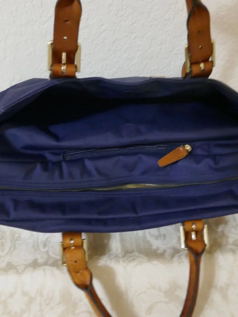 STUART O LAU The Cary Blue Nylon Briefcase Tan Leather Trim Laptop Bag